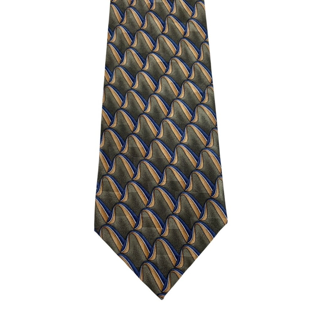 Harken Blue Orange Geometric Wave Print 100% Silk Mens Tie Necktie
